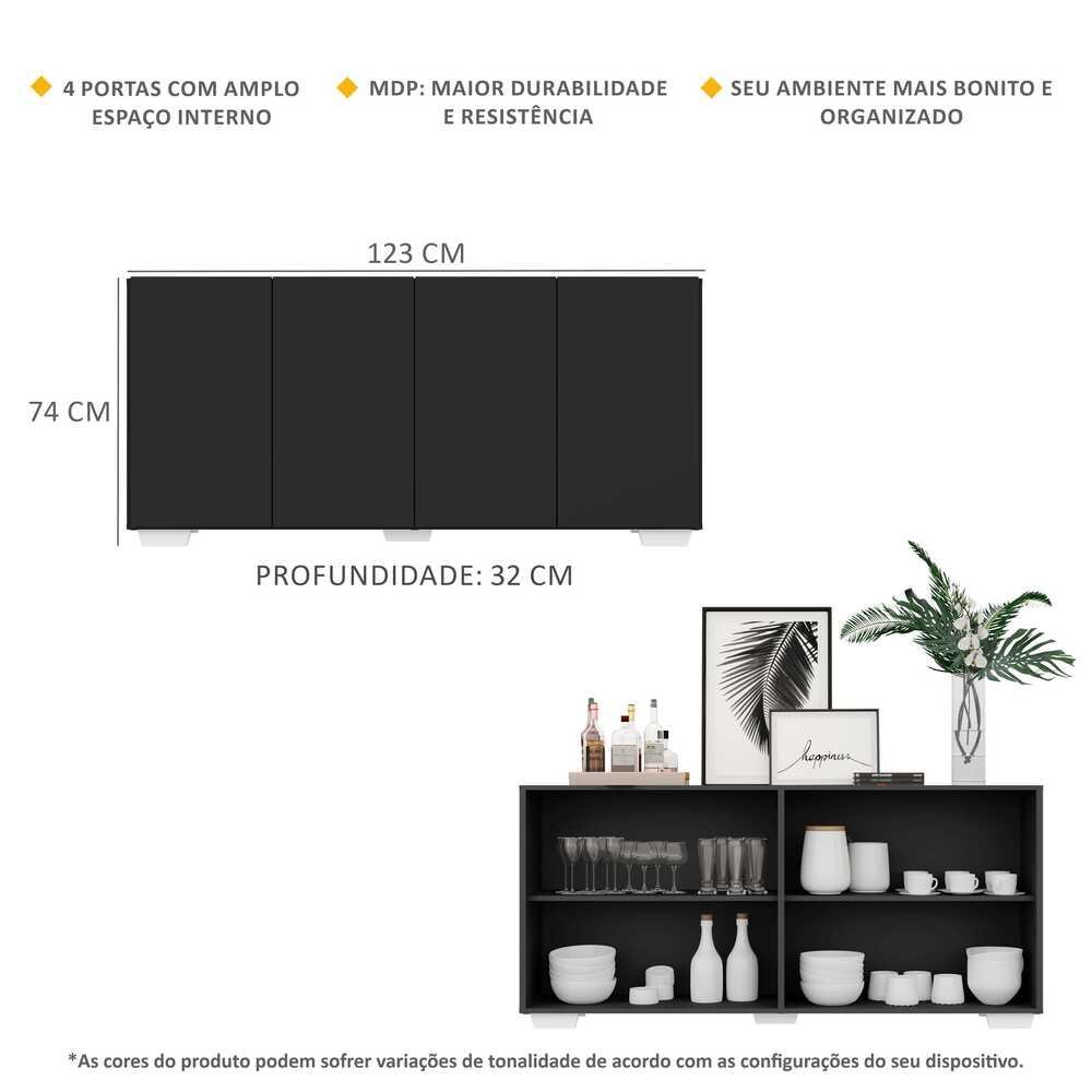 Aparador Buffet 4 Portas com Pés Quadrados Veneza Multimóveis V3557 Preto/Branco