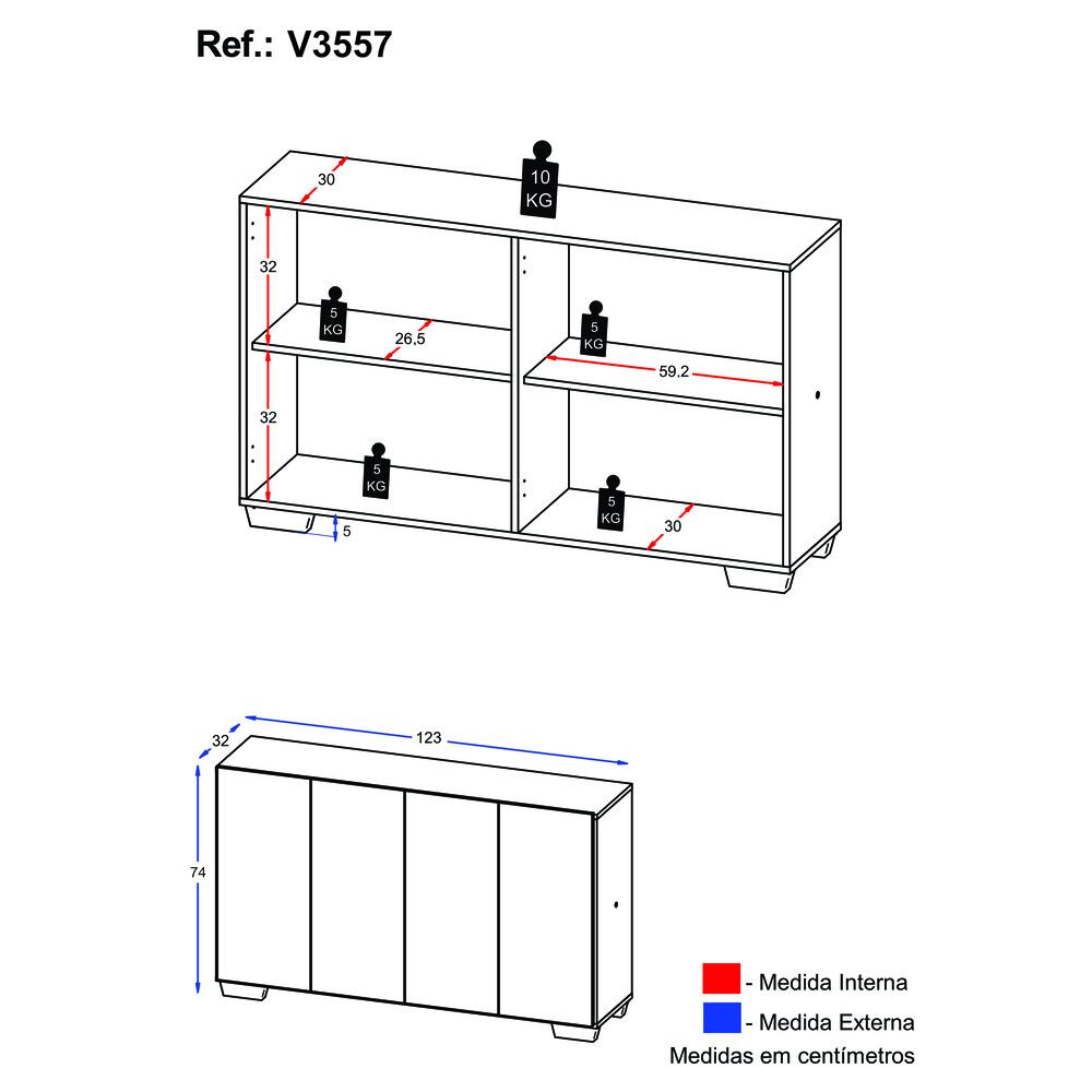 Aparador Buffet 4 Portas com Pés Quadrados Veneza Multimóveis V3557 Preto/Branco