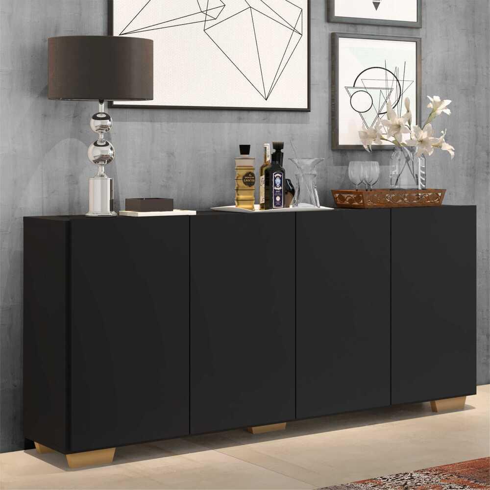 Aparador Buffet 4 Portas com Pés Quadrados Veneza Multimóveis V3557 Preto/Natural