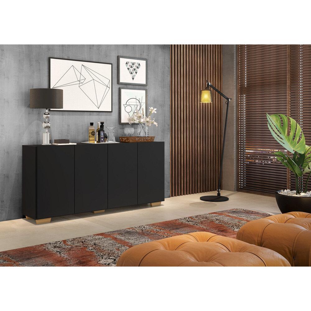Aparador Buffet 4 Portas com Pés Quadrados Veneza Multimóveis V3557 Preto/Natural