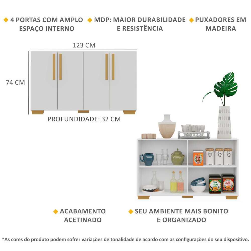 Aparador Buffet 4 Portas com Pés Quadrados Viena Multimóveis Branco/Natural