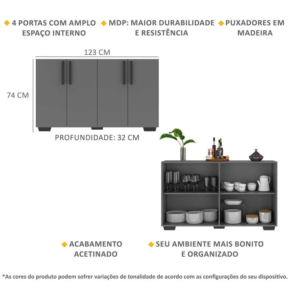 Aparador Buffet 4 Portas com Pés Quadrados Viena Multimóveis Grafite/Preto