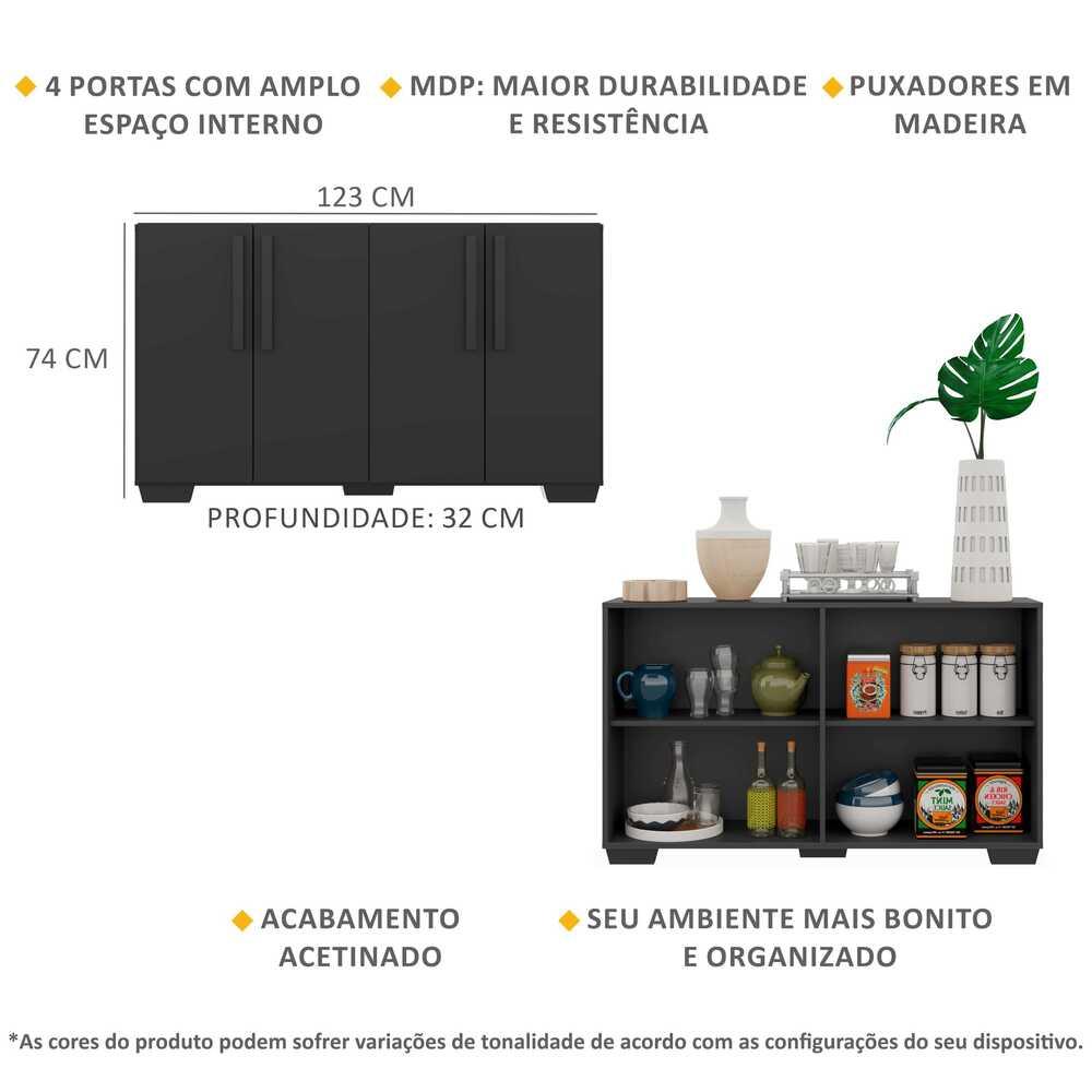 Aparador Buffet 4 Portas com Pés Quadrados Viena Multimóveis Preto