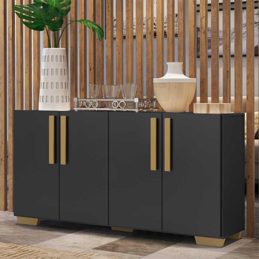 Aparador Buffet 4 Portas com Pés Quadrados Viena Multimóveis V3607 Preto/Natural