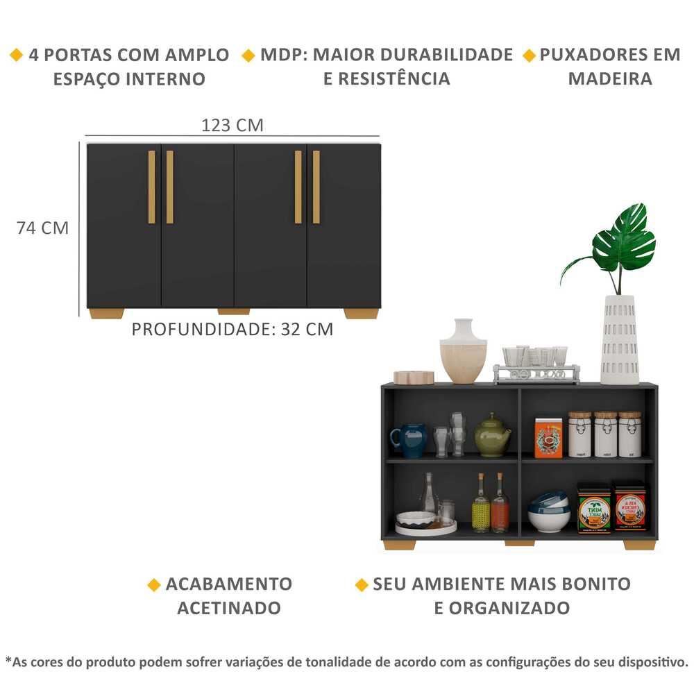 Aparador Buffet 4 Portas com Pés Quadrados Viena Multimóveis V3607 Preto/Natural