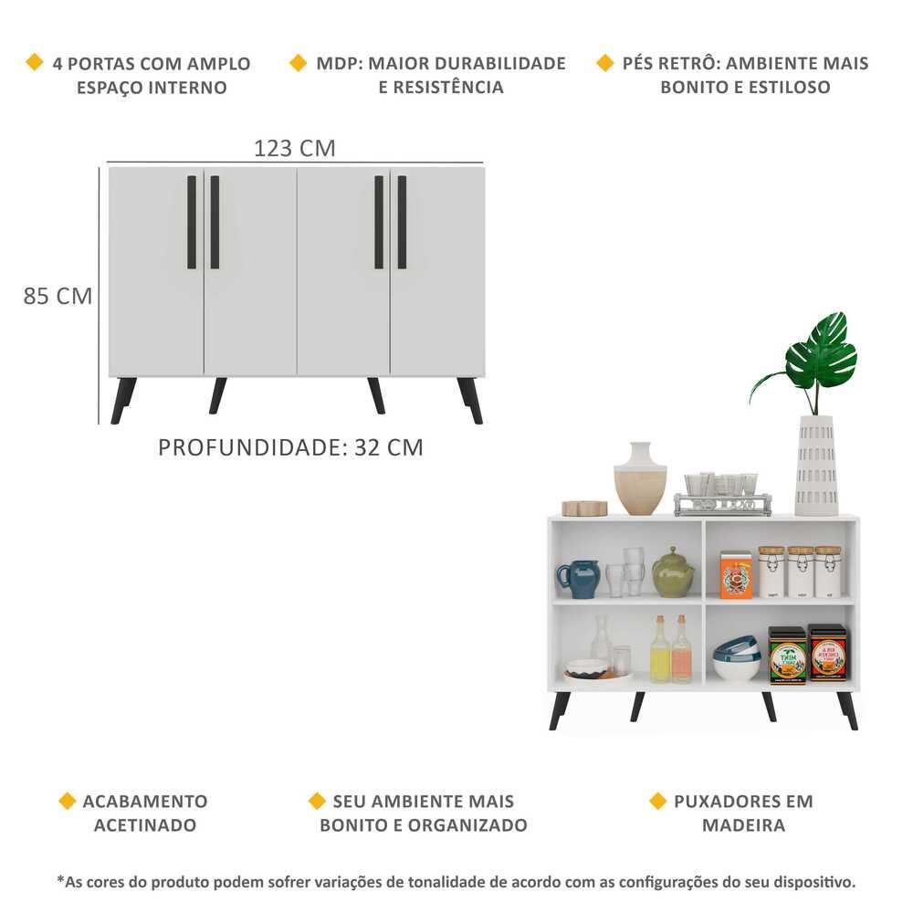 Aparador Buffet 4 Portas com Pés Retrô Viena Multimóveis Branco/Preto