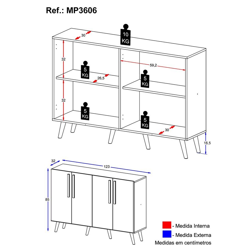 Aparador Buffet 4 Portas com Pés Retrô Viena Multimóveis Branco/Preto