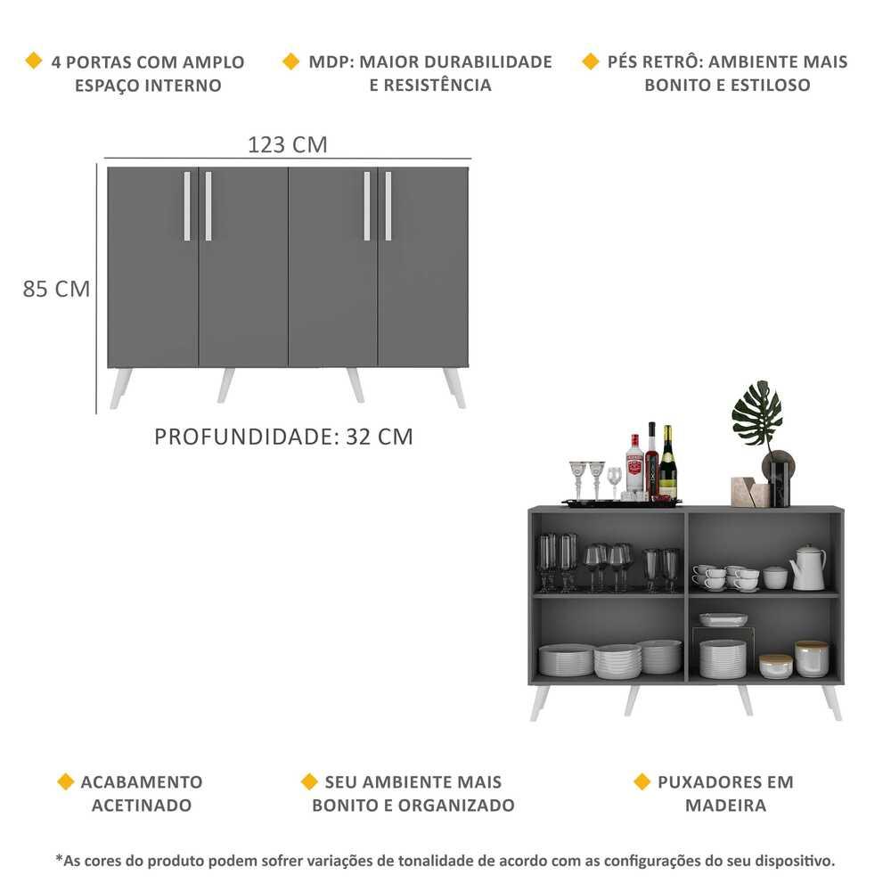 Aparador Buffet 4 Portas com Pés Retrô Viena Multimóveis Grafite/Branco