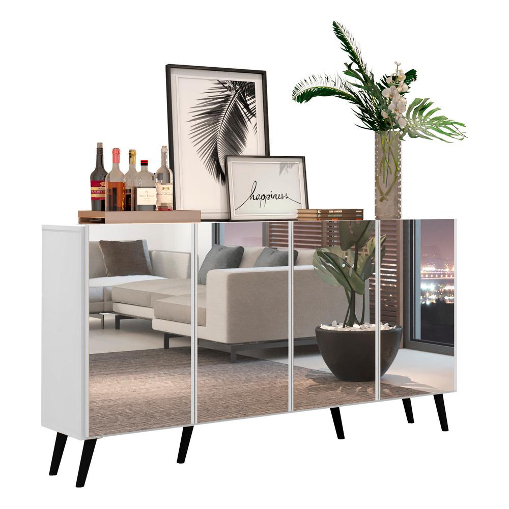 Aparador Buffet 4 portas c/ Espelho e Pés Retrô Vegas Multimóveis Branco/Preto