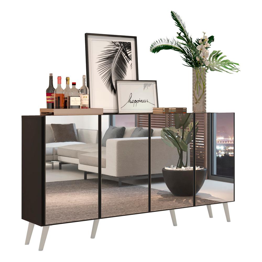 Aparador Buffet 4 portas c/ Espelho e Pés Retrô Vegas Multimóveis Preto/Branco