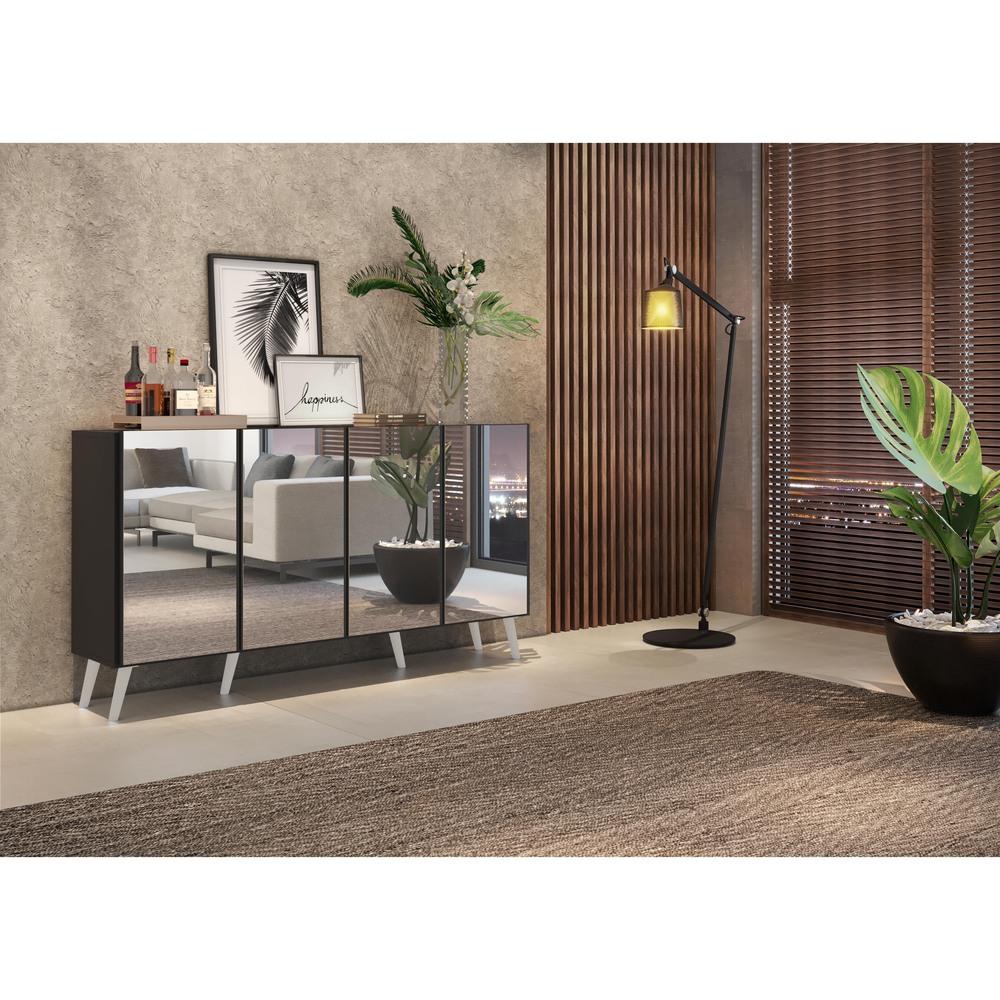 Aparador Buffet 4 portas c/ Espelho e Pés Retrô Vegas Multimóveis Preto/Branco