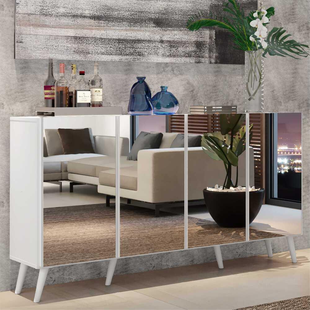 Aparador Buffet 4 portas com Espelho Retrô Vegas Multimóveis V3559 Branco