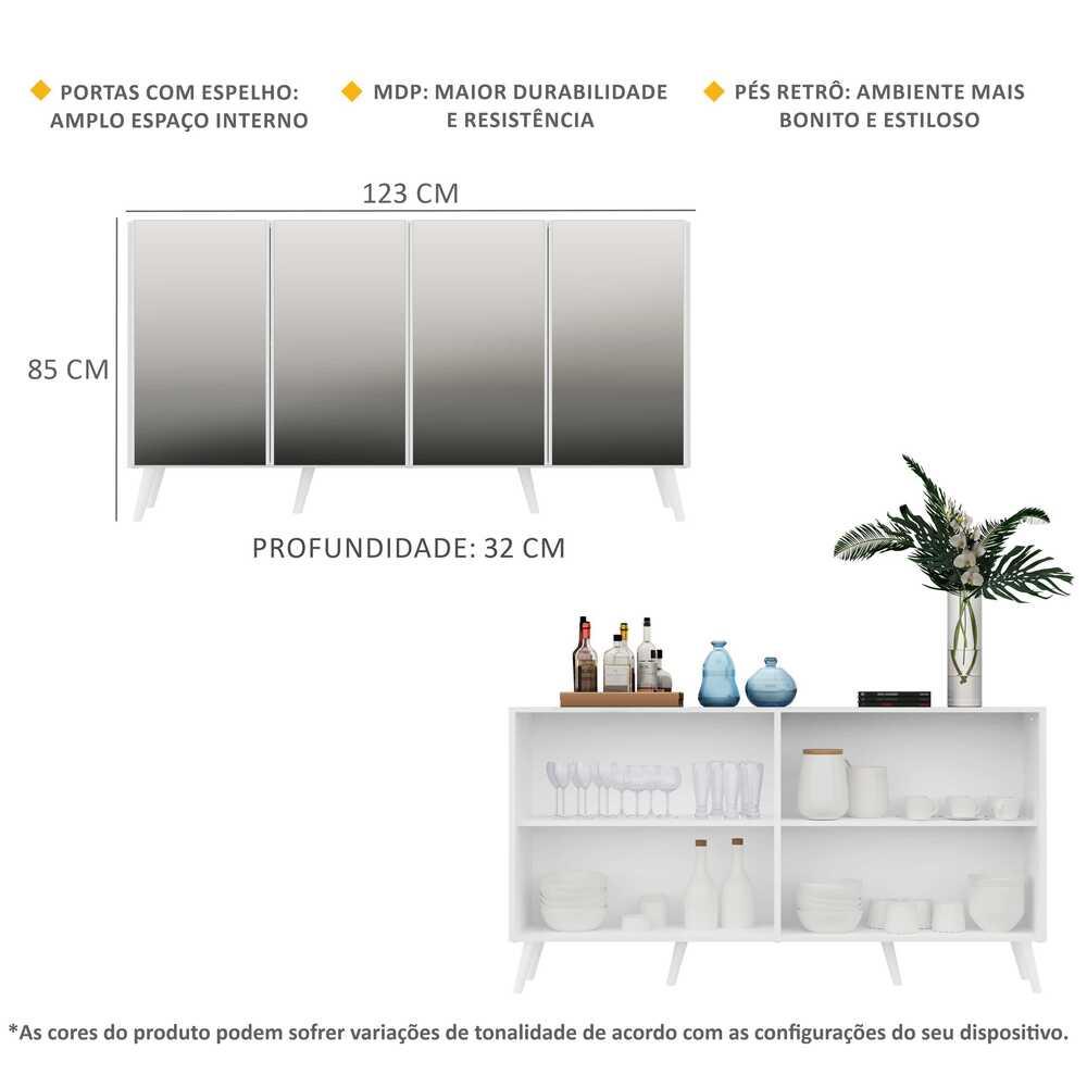 Aparador Buffet 4 portas com Espelho Retrô Vegas Multimóveis V3559 Branco