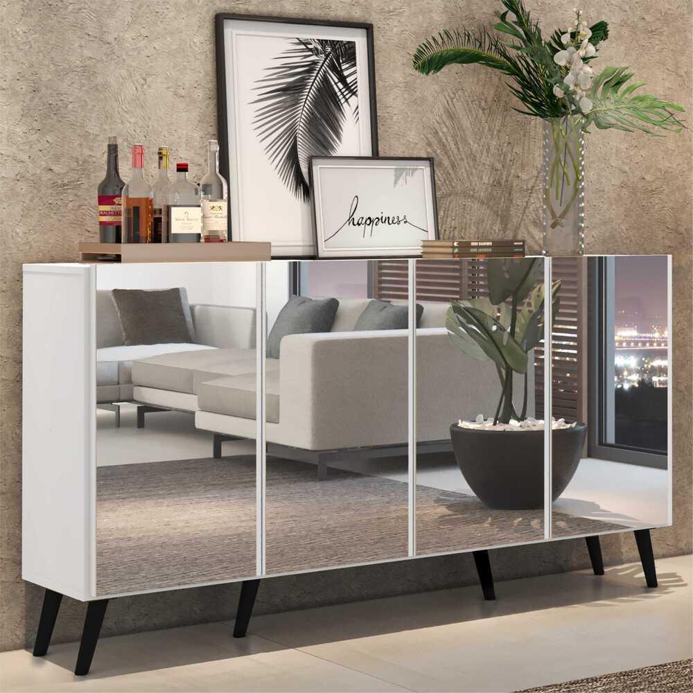 Aparador Buffet 4 portas com Espelho Retrô Vegas Multimóveis V3559 Branco/Preto