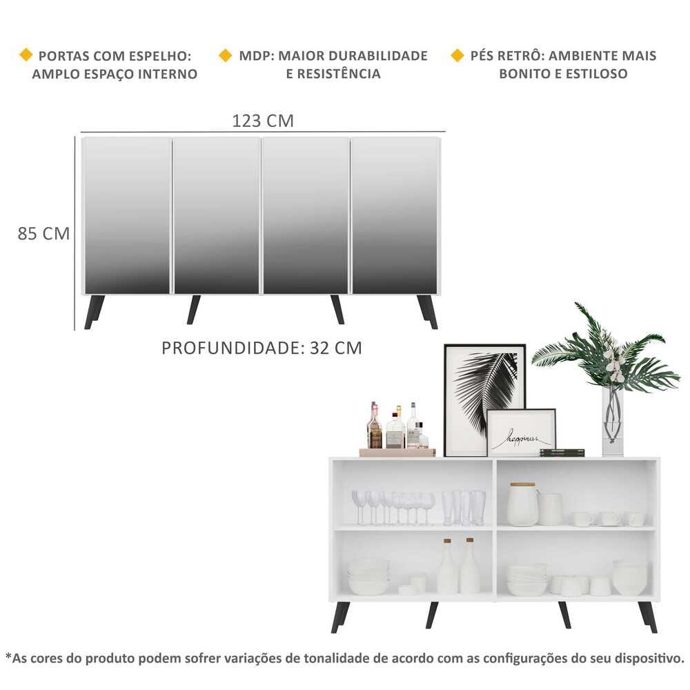 Aparador Buffet 4 portas com Espelho Retrô Vegas Multimóveis V3559 Branco/Preto