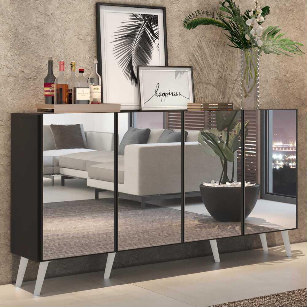 Aparador Buffet 4 portas com Espelho Retrô Vegas Multimóveis V3559 Preto/Branco