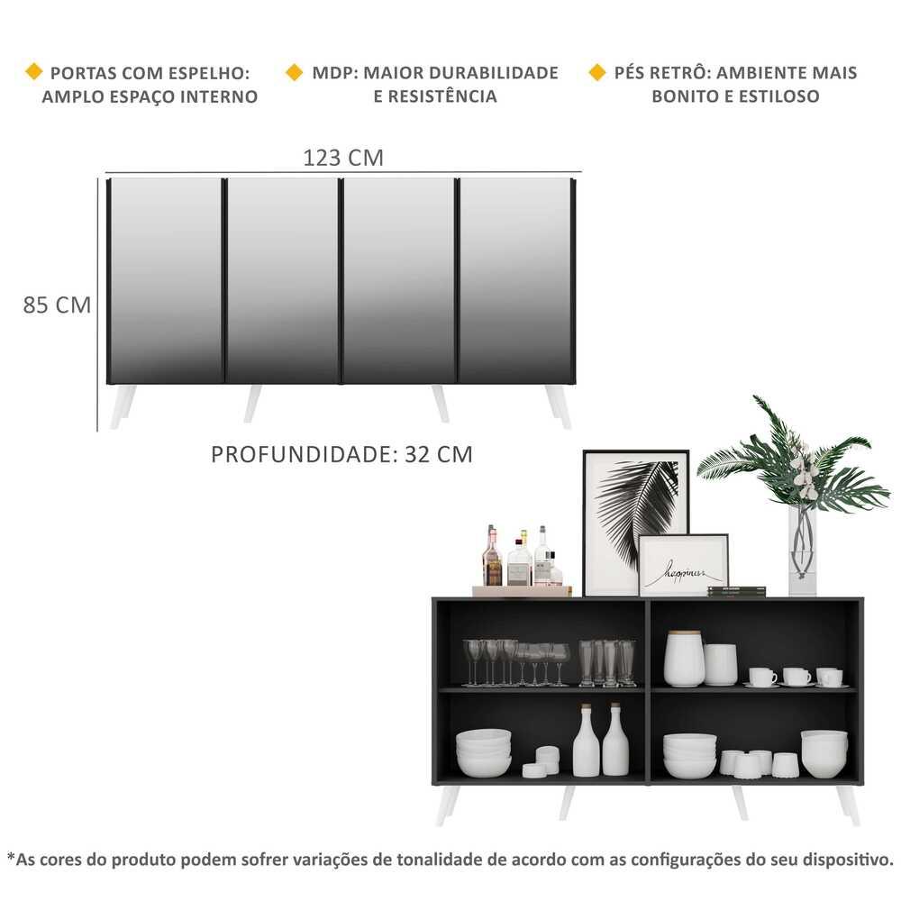 Aparador Buffet 4 portas com Espelho Retrô Vegas Multimóveis V3559 Preto/Branco
