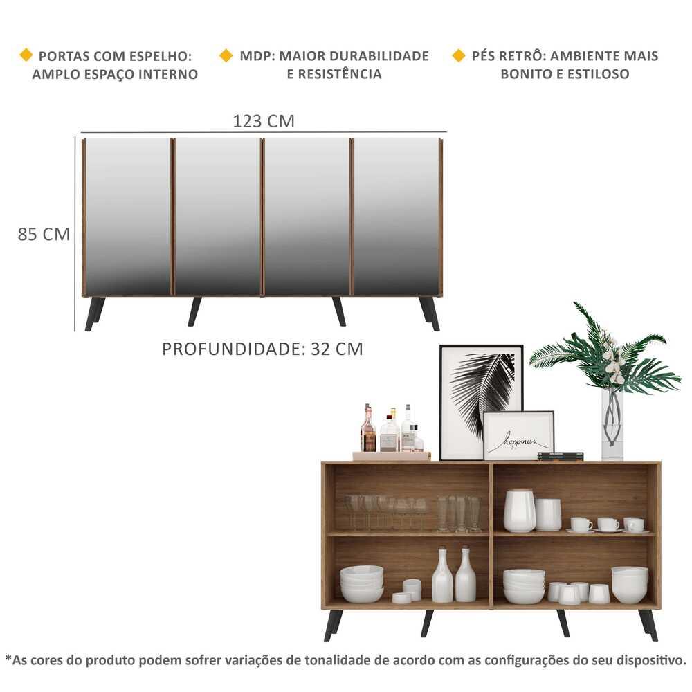 Aparador Buffet 4 portas com Espelho Retrô Vegas Multimóveis V3559 Rustic/Preto