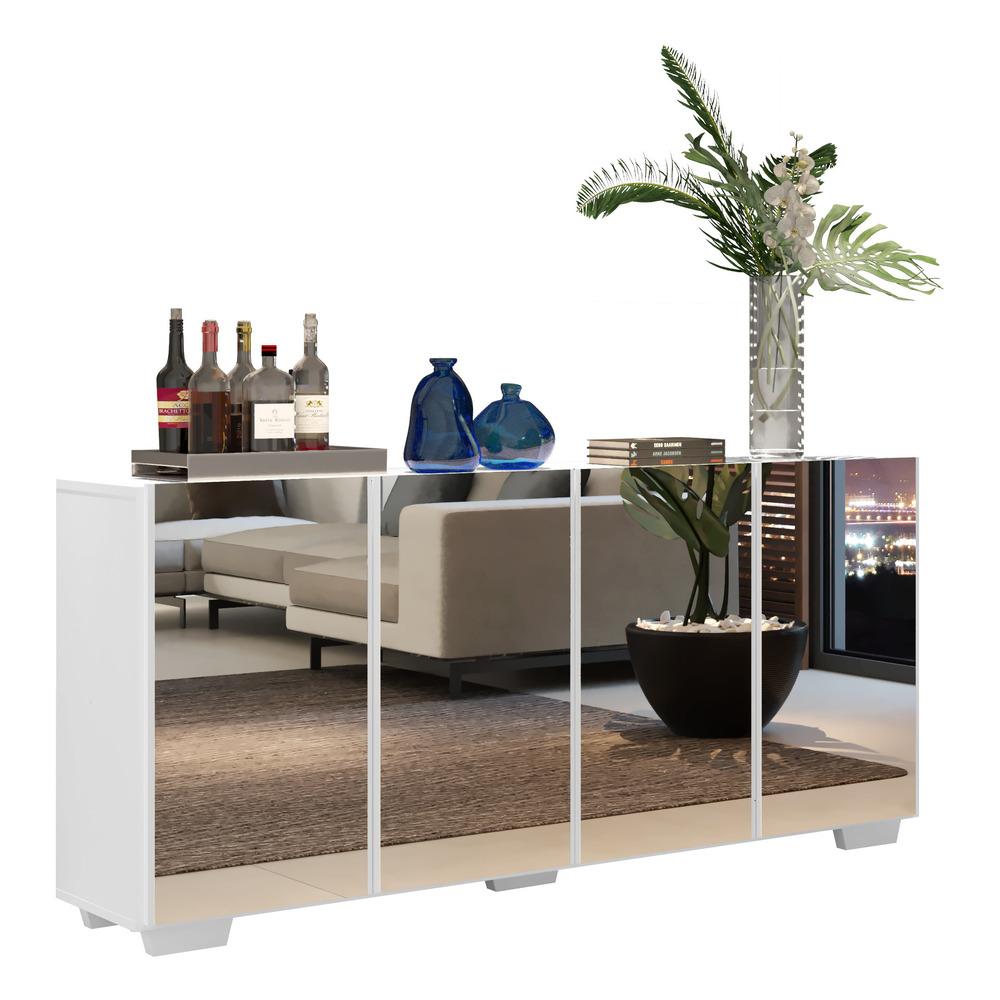 Aparador Buffet 4 portas com Espelho e Pés Quadrados Vegas Multimóveis V3560 Branco
