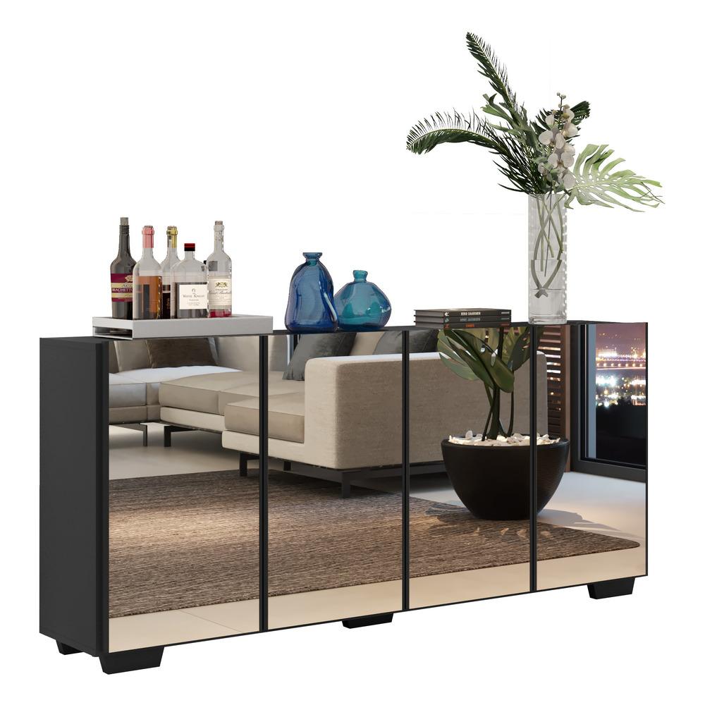 Aparador Buffet 4 portas com Espelho e Pés Quadrados Vegas Multimóveis V3560 Preto