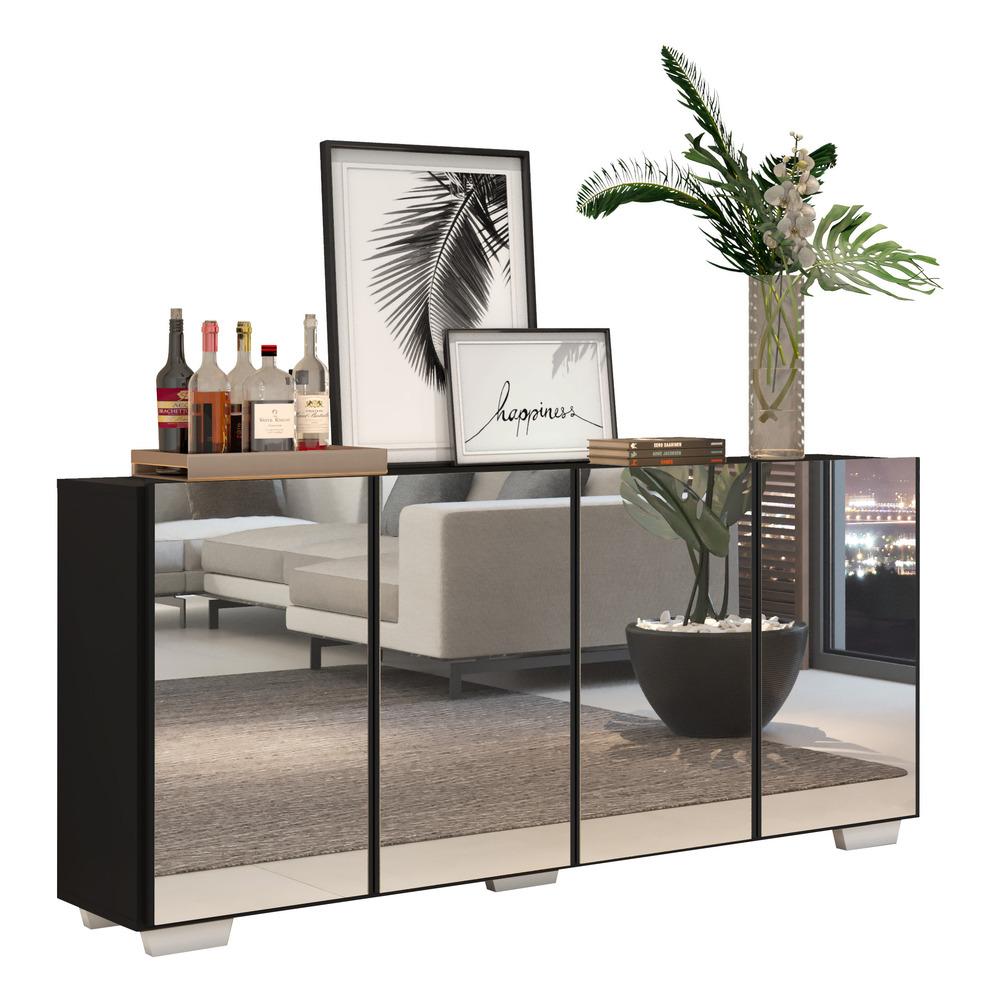 Aparador Buffet 4 portas com Espelho e Pés Quadrados Vegas Multimóveis V3560 Preto/Branco