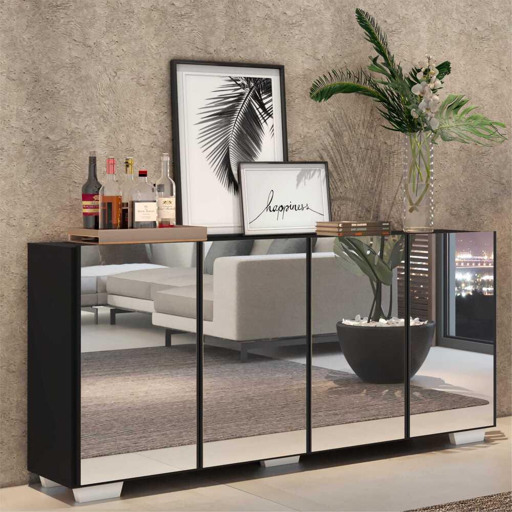 Aparador Buffet 4 portas com Espelho e Pés Quadrados Vegas Multimóveis V3560 Preto/Branco