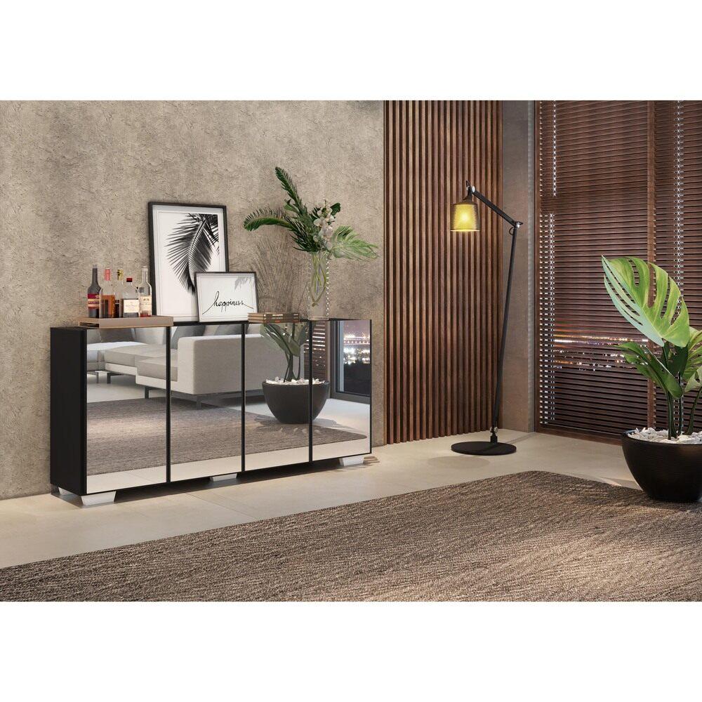 Aparador Buffet 4 portas com Espelho e Pés Quadrados Vegas Multimóveis V3560 Preto/Branco