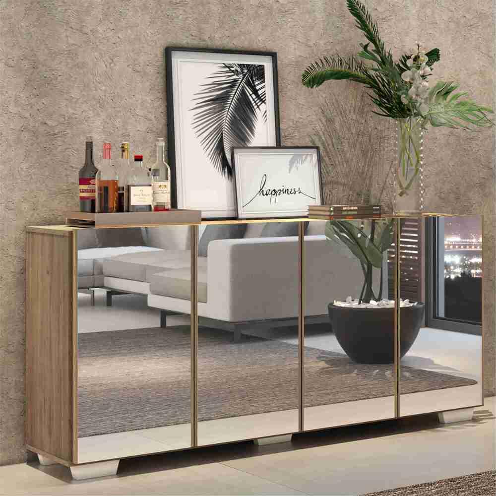 Aparador Buffet 4 portas com Espelho e Pés Quadrados Vegas Multimóveis V3560 Rustic/Branco