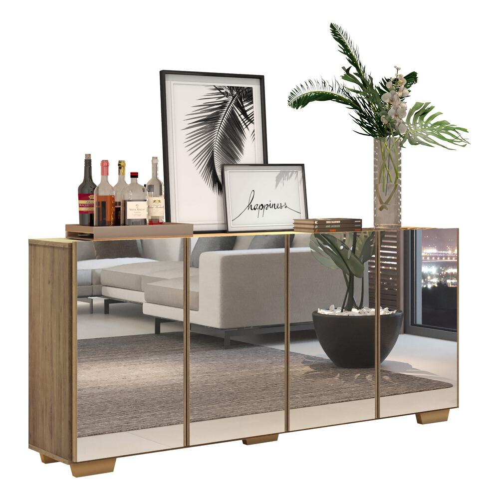 Aparador Buffet 4 portas com Espelho e Pés Quadrados Vegas Multimóveis V3560 Rustic/Natural