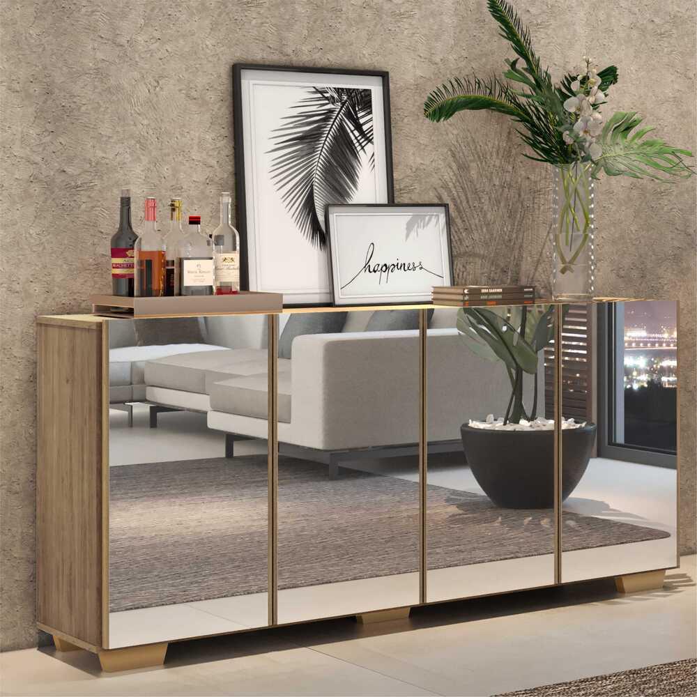 Aparador Buffet 4 portas com Espelho e Pés Quadrados Vegas Multimóveis V3560 Rustic/Natural