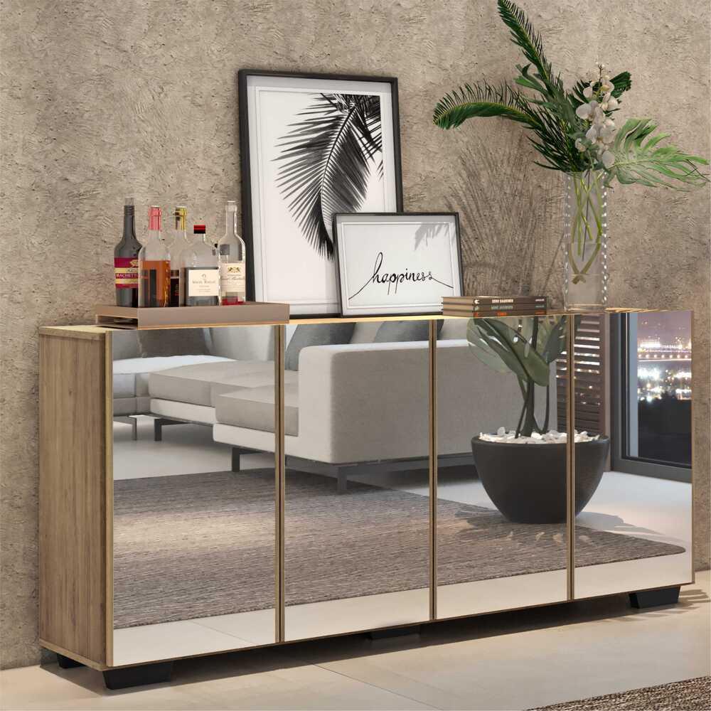 Aparador Buffet 4 portas com Espelho e Pés Quadrados Vegas Multimóveis V3560 Rustic/Preto