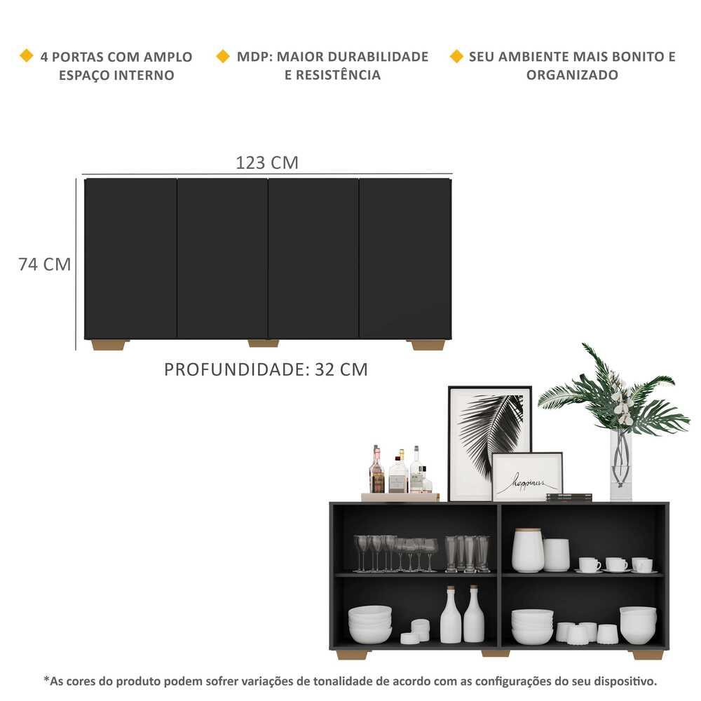 Aparador Buffet Multimóveis Veneza 4 Portas FG3557 Preto/Natural