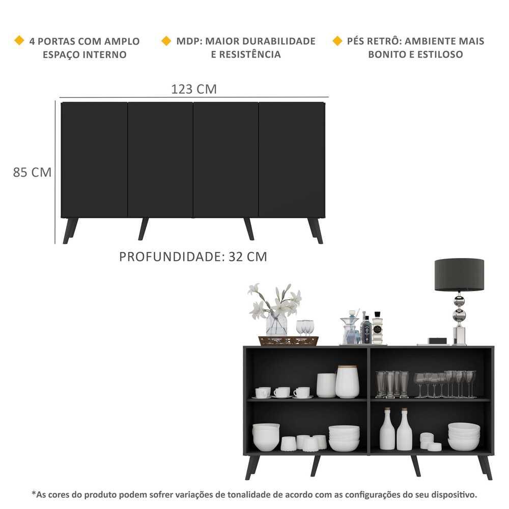 Aparador Buffet Retrô Multimóveis Veneza 4 Portas FG3556 Preto