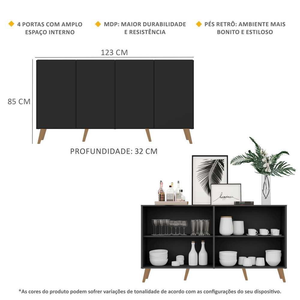 Aparador Buffet Retrô Multimóveis Veneza 4 Portas FG3556 Preto/Natural