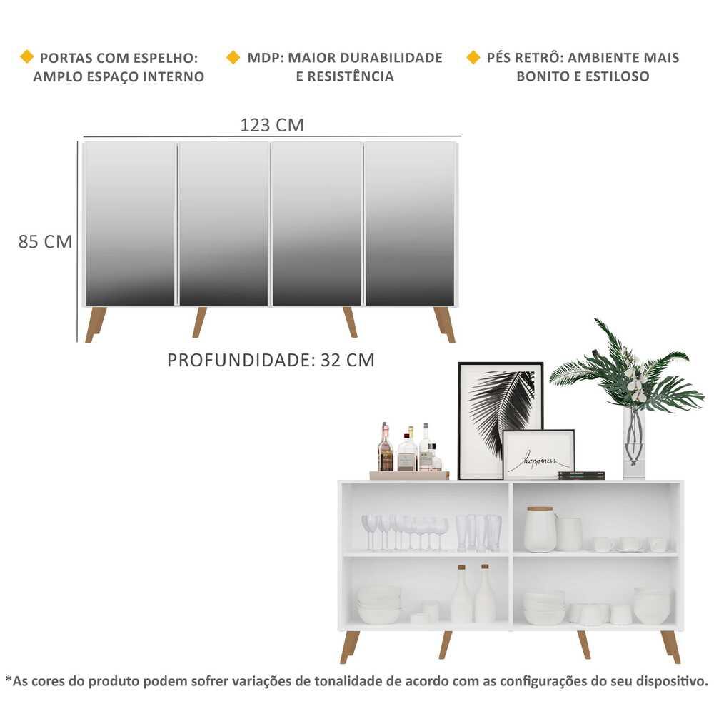 Aparador Buffet Retrô com Espelho Multimóveis Veneza com 4 Portas FG3559 Branco/Natural