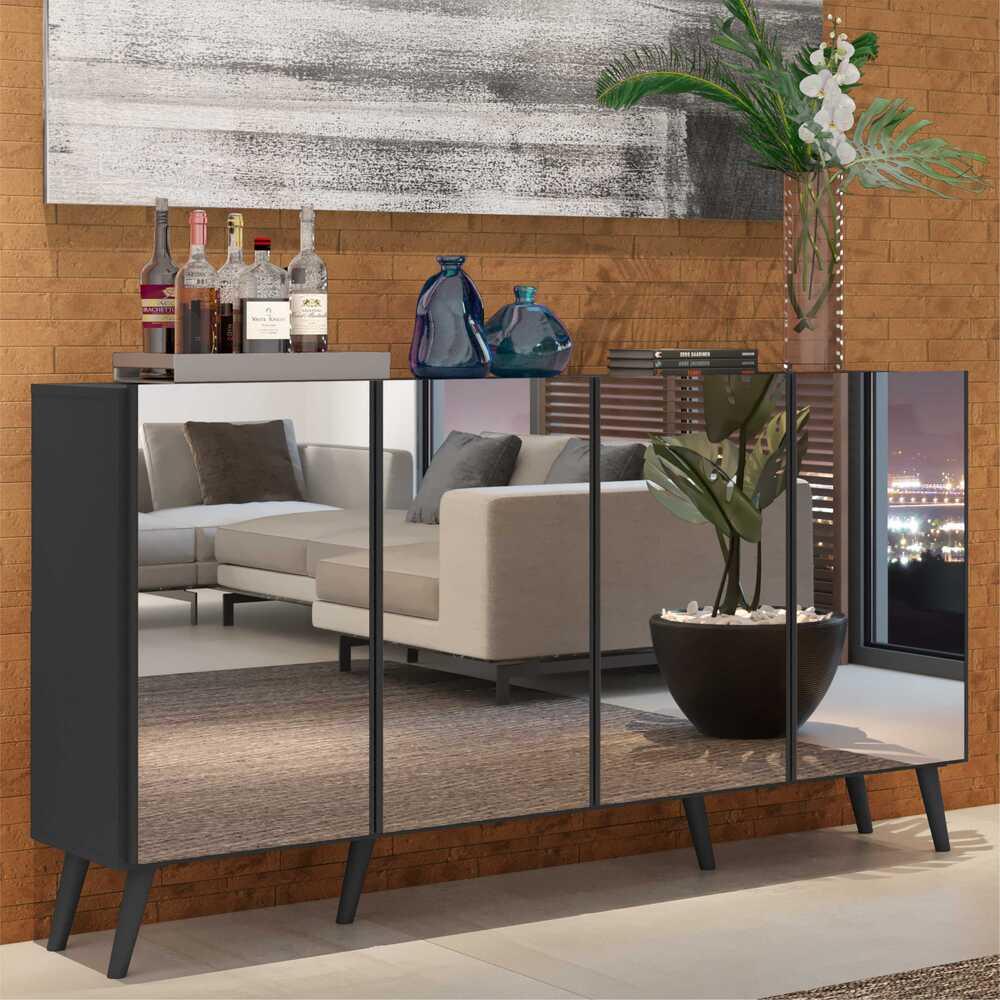 Aparador Buffet Retrô com Espelho Multimóveis Veneza com 4 Portas FG3559 Preto