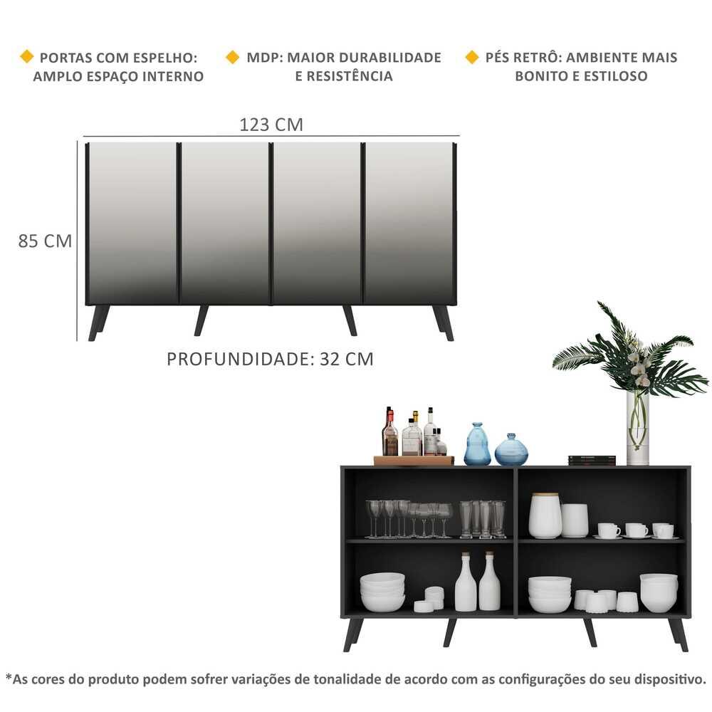 Aparador Buffet Retrô com Espelho Multimóveis Veneza com 4 Portas FG3559 Preto