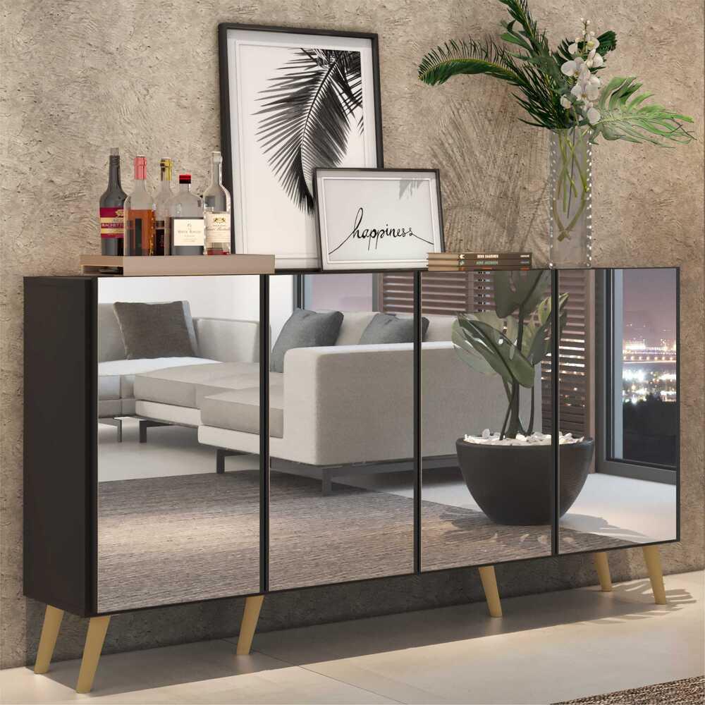 Aparador Buffet Retrô com Espelho Multimóveis Veneza com 4 Portas FG3559 Preto/Natural