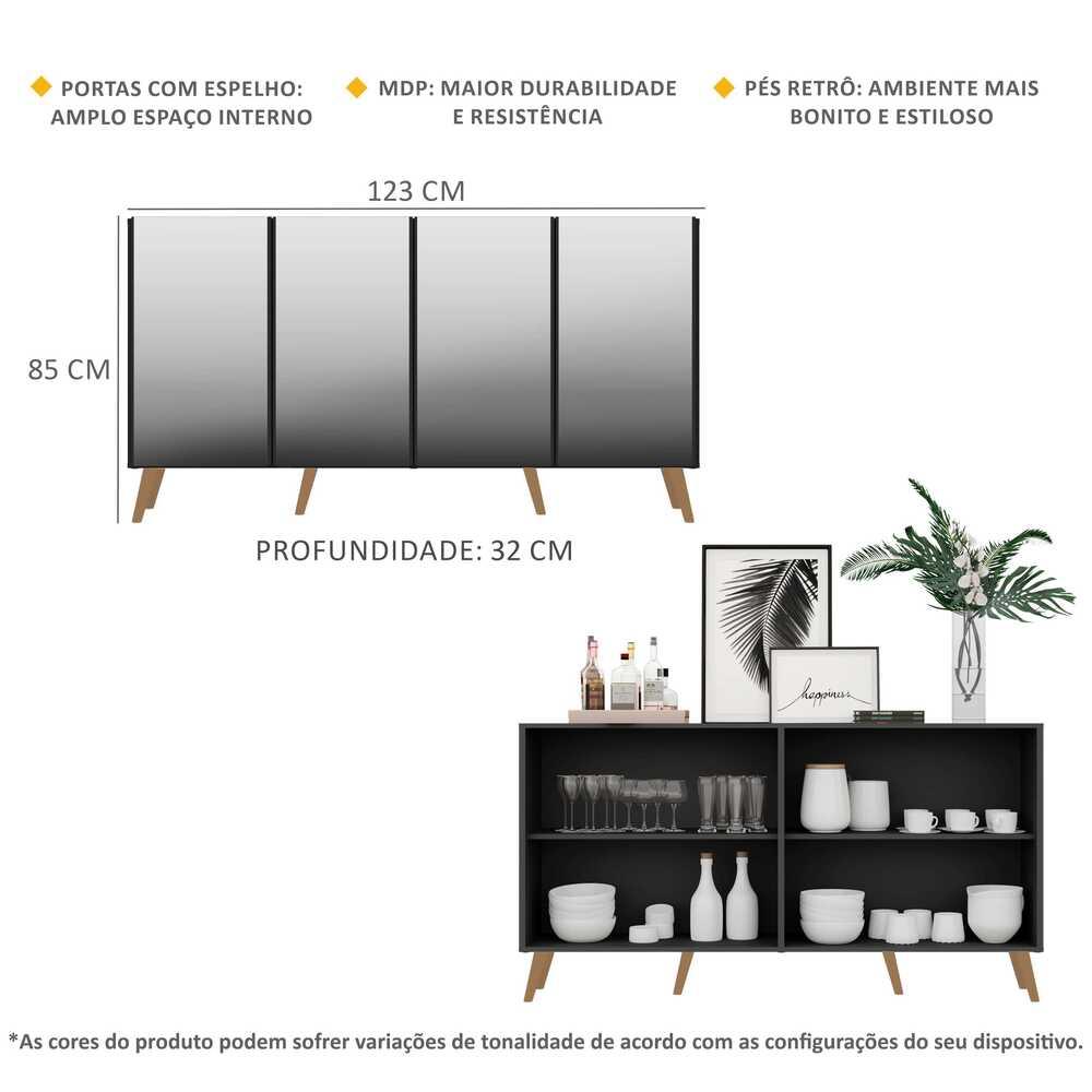 Aparador Buffet Retrô com Espelho Multimóveis Veneza com 4 Portas FG3559 Preto/Natural