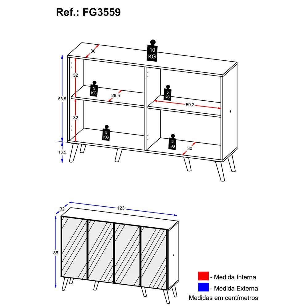 Aparador Buffet Retrô com Espelho Multimóveis Veneza com 4 Portas FG3559 Preto/Natural