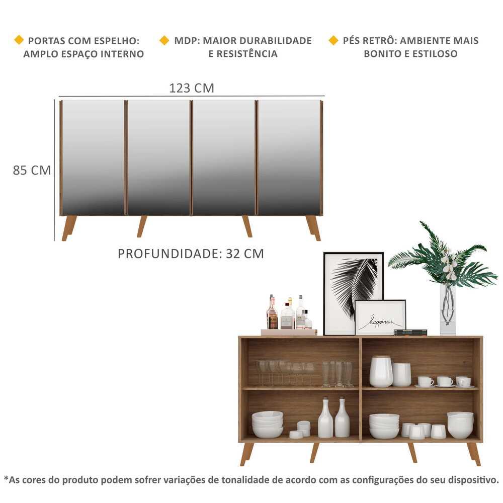 Aparador Buffet Retrô com Espelho Multimóveis Veneza com 4 Portas FG3559 Rustic/Natural
