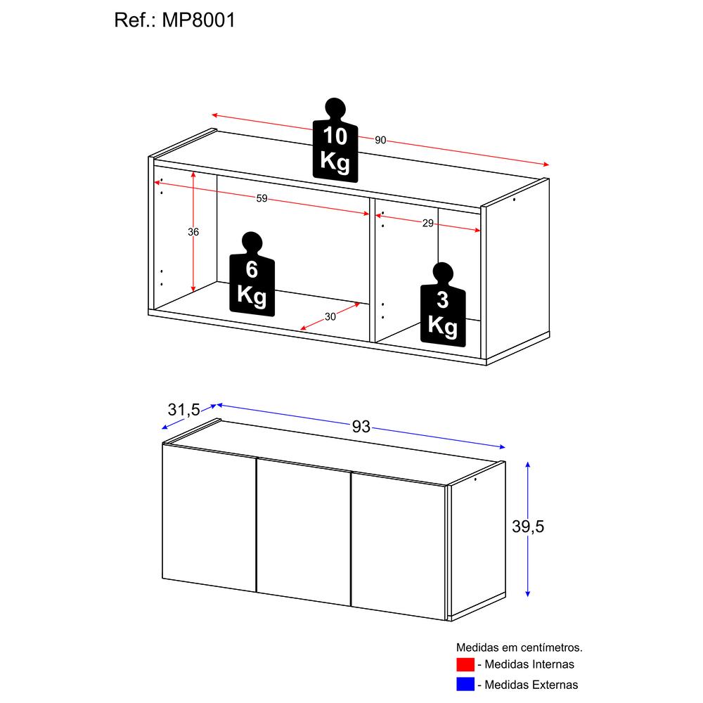 Aparador Buffet Suspenso 3 Portas Multimóveis MP8001 Branco