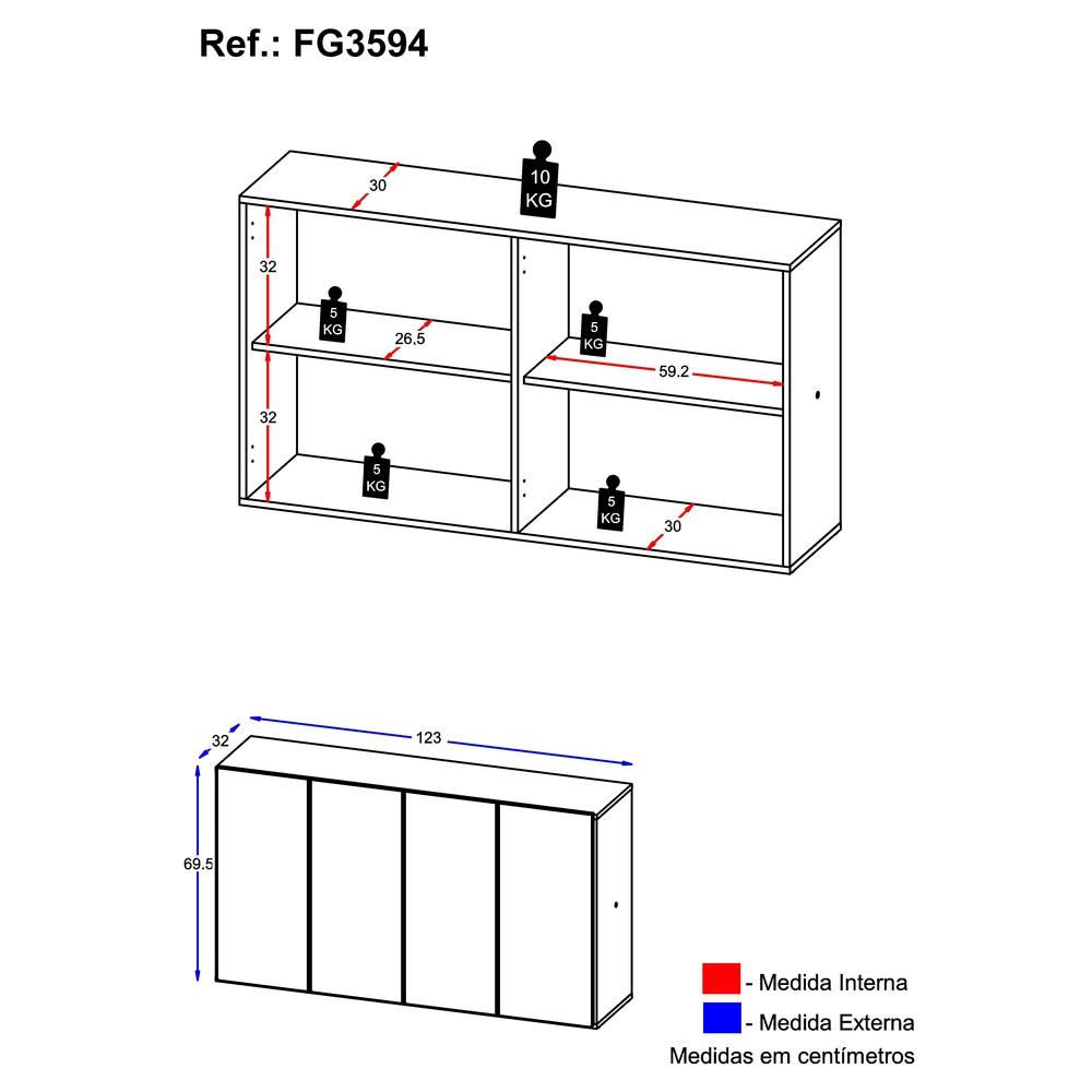 Aparador Buffet Suspenso Multimóveis Veneza 4 Portas FG3594 Branco