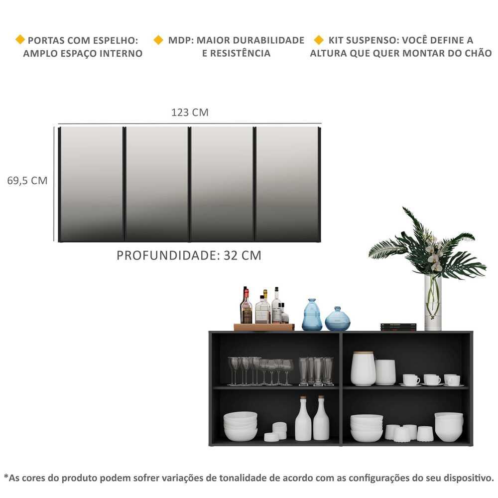 Aparador Buffet Suspenso com Espelho Multimóveis Vegas com 4 Portas FG3596 Preto