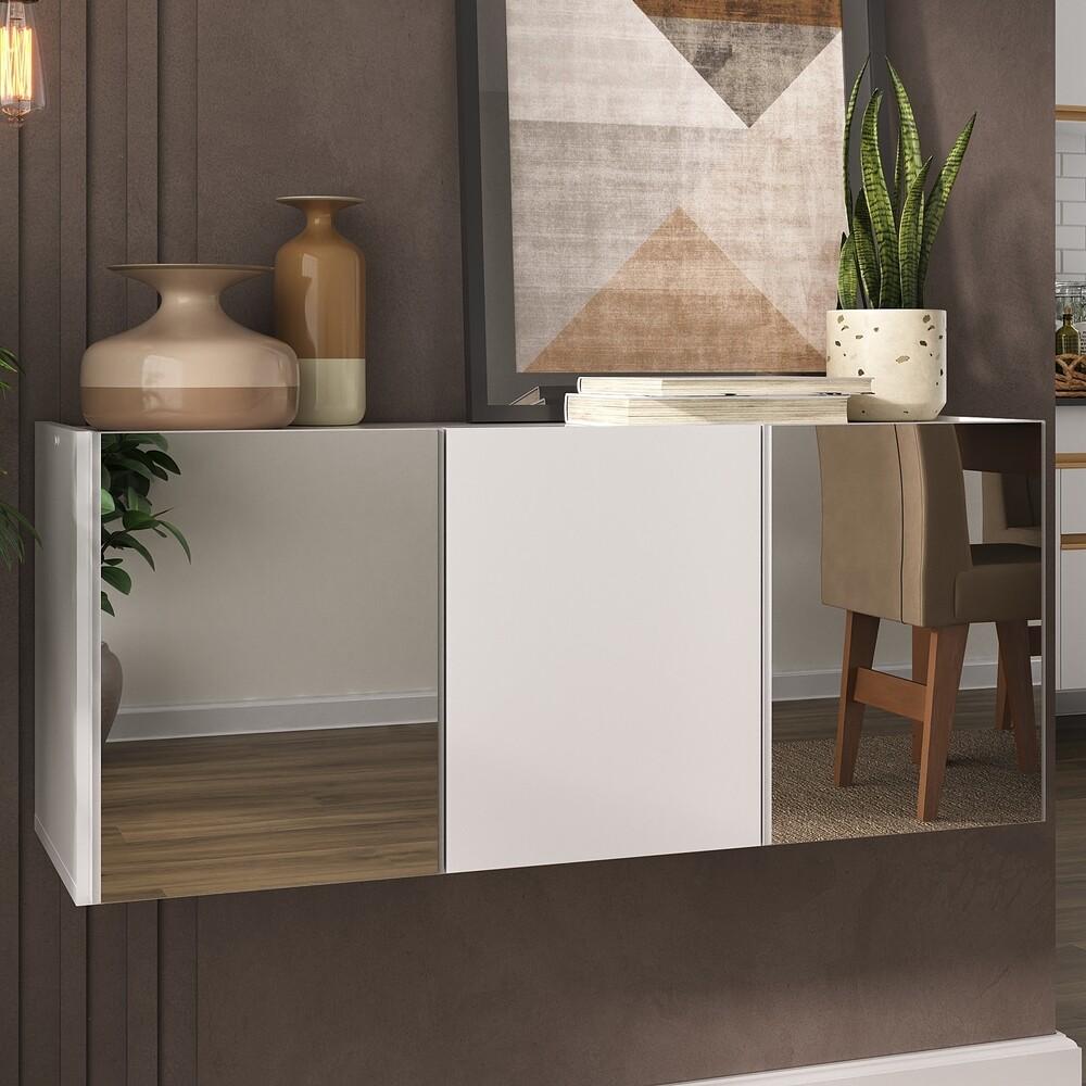 Aparador Buffet Suspenso com Espelhos 3 Portas Multimóveis MP8004 Branco