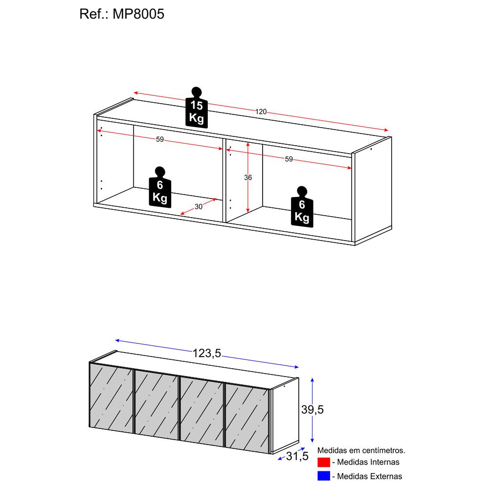 Aparador Buffet Suspenso com Espelhos 4 Portas Multimóveis MP8005 Rustic