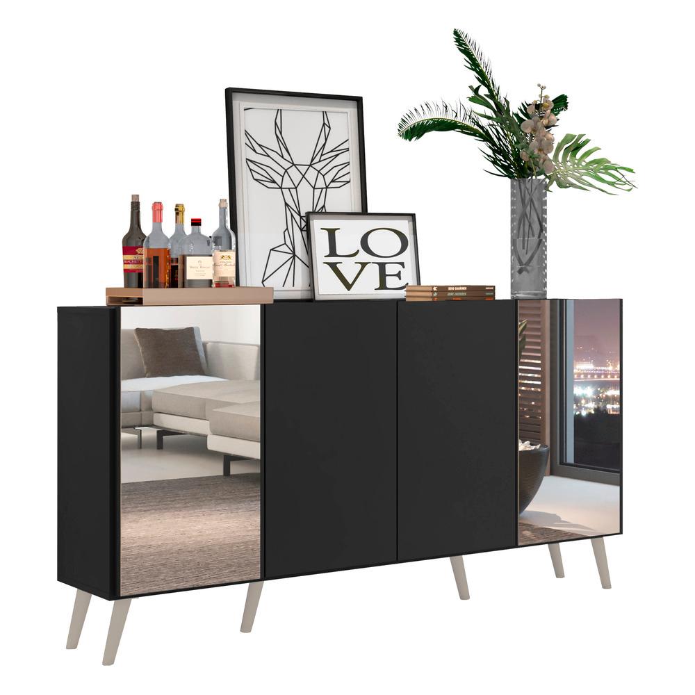 Aparador Buffet c/ Espelho e Pés Retrô Vegas Multimóveis Preto/Branco