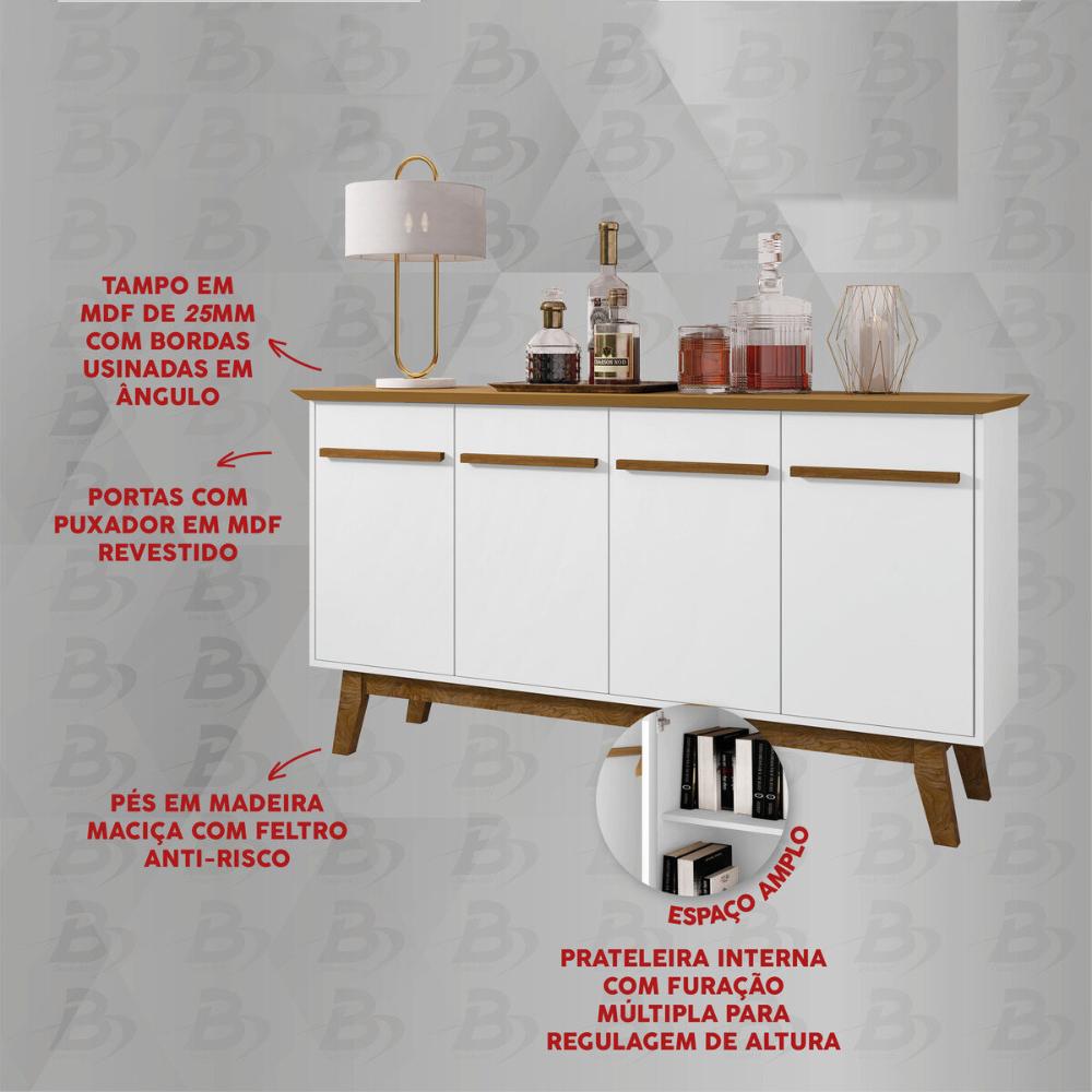 Aparador Buffet com 4 Portas Retrô 160cm Multimóveis CR50103 Cinamomo/Branco