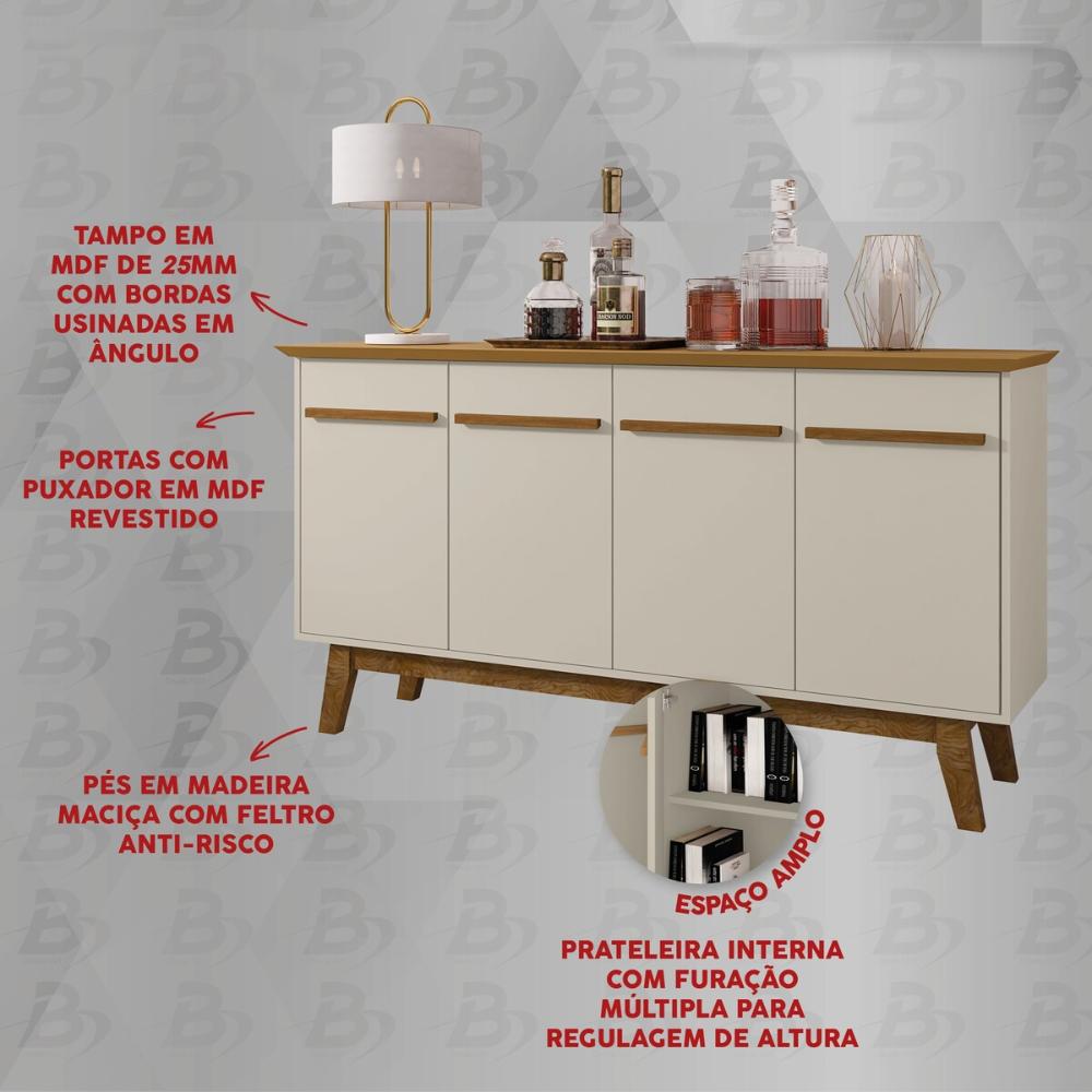 Aparador Buffet com 4 Portas Retrô 160cm Multimóveis CR50103 Cinamomo/Off White