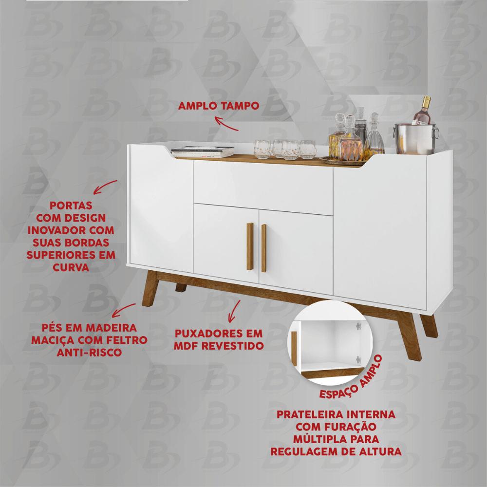 Aparador Buffet com 4 Portas e 1 Gaveta Retrô 136cm Multimóveis CR50102 Branco/Cinamomo